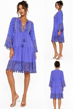 Maroths Womens Large Purple Boho Lace Tassel Tunic Dress Embroidered Midi New